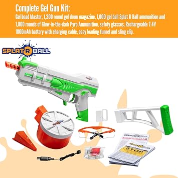 SplatRBall SRB1200 Pyro Blaster Kit - 225 FPS - Green/White | Glow-In-The-Dark Design - Led Lights Included - 1200-Round Drum Magazine