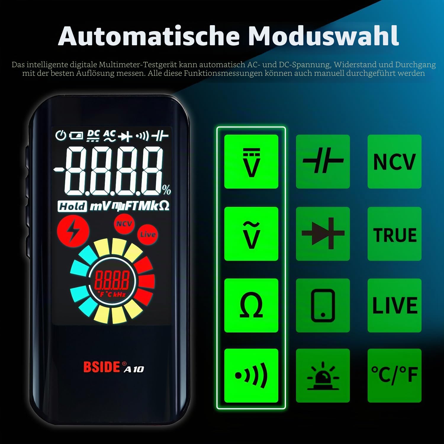 BSIDE Digitales Multimeter, wiederaufladbar mit Farb-LCD, 3 Ergebnissanzeige, 9999 Zählungen, Taschenmesser, Kapazitätsdiode, Ohm, Hz, Einschaltdauer, V-Alert, Live-Check, Spannungsprüfer, Schwarz