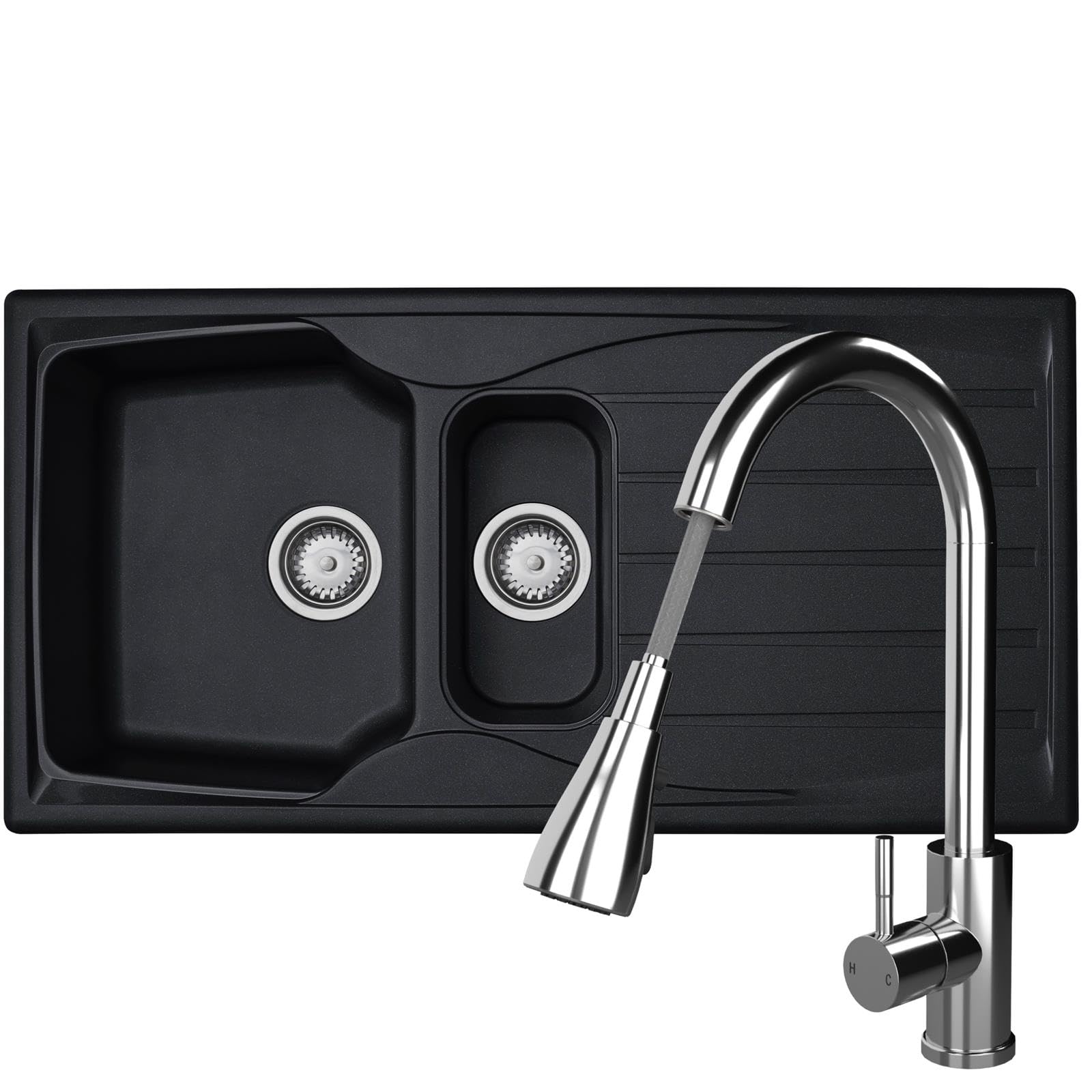 Liquida CMP15BL 1.5 Bowl Reversible Black Kitchen Sink and Pull Out KPO11CH Tap