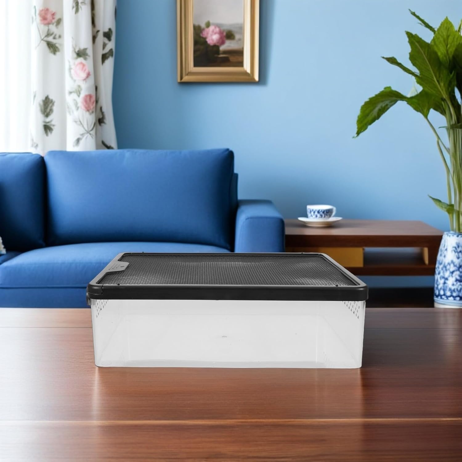 Reptile Terrarium Tank and Lizard Cage with Black Frame, Escape-Proof Plastic Breeding Box for Frogs, Snakes, Turtles, Gecko Habitat, Suitable for Small Pets and Travel