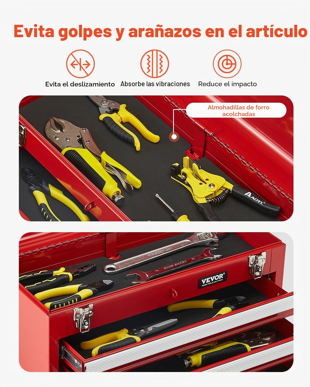 VEVOR Caja de Herramientas Portátil de Metal 520 x 218 x 304 mm, Cofre de Herramientas Pequeño con 3 Cajones y Revestimiento de EVA, Cajones Deslizantes con Cojinetes de Bolas con Cerradura, Rojo