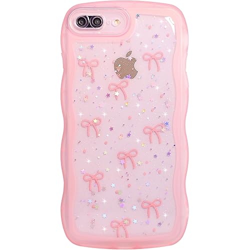 Qokey for iPhone 7 Plus & 8 Plus Case, Glitter Star & Curved Edge Handle Grip Design, Military-Grade Shockproof Clear TPU Cover, Sparkle Protection Scratch-Resistant, Holographic Pink Bow
