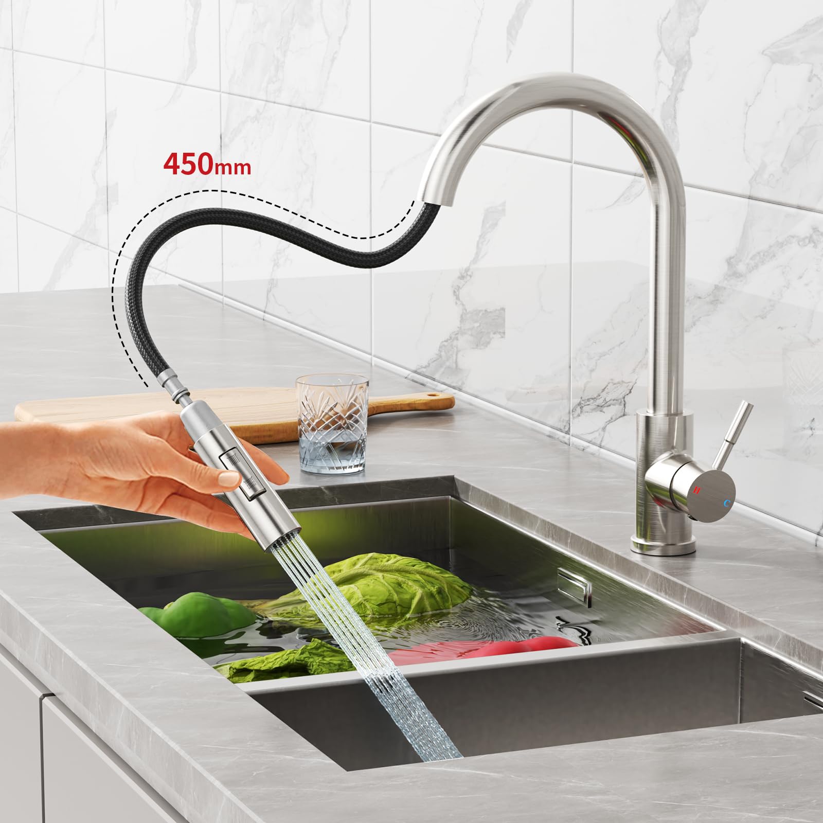 Rainsworth Wasserhahn Küche mit Brause Ausziehbar - Hochdruck Küchenarmatur mit Zwei Wasserstrahlarten, Spültischarmatur 360° Drehung, Mischbatterie Küche aus Edelstahl Einfache Installation