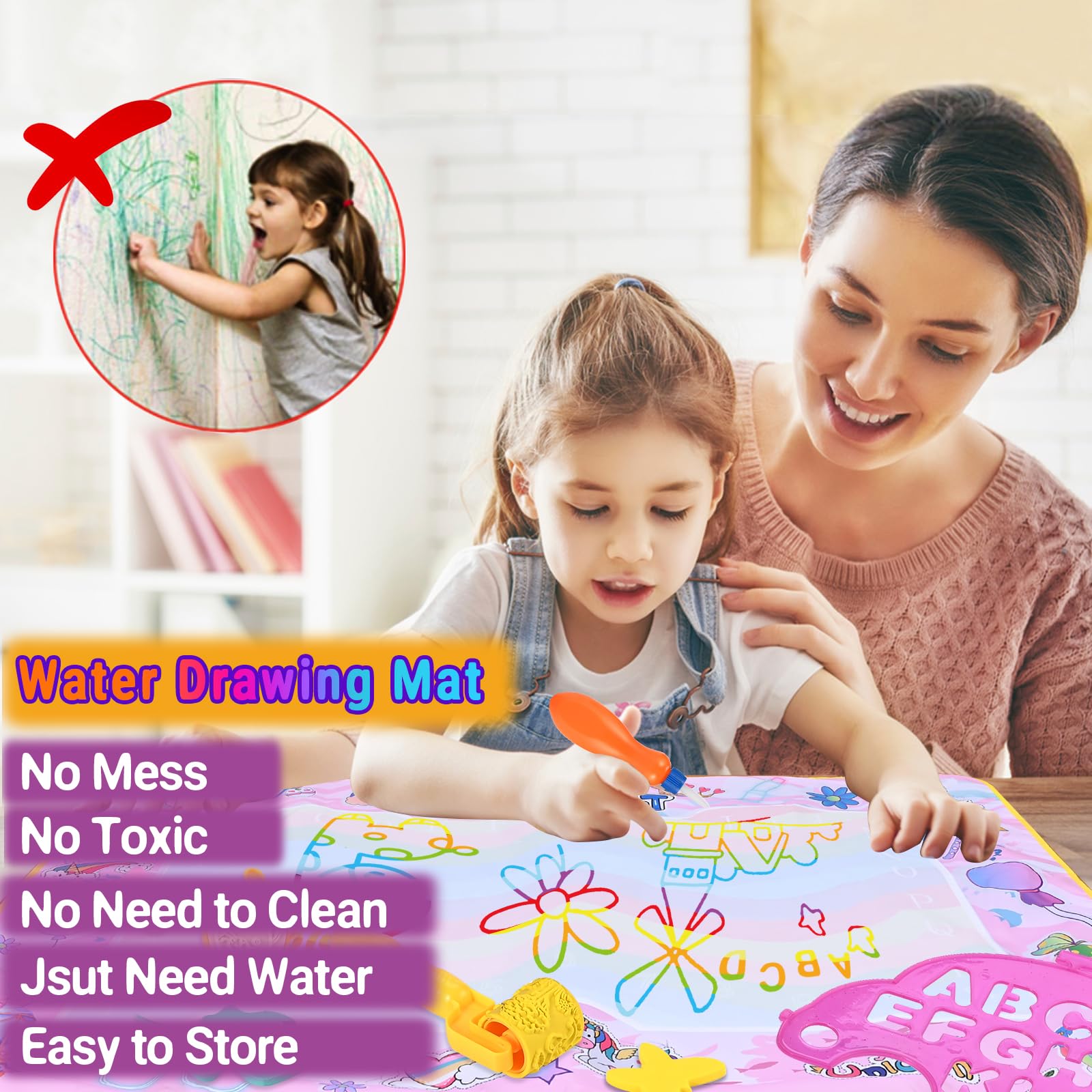 Nabance Malmatte mit Wasserstift Wasser Matte Doodle 120 * 90cm Wassermalmatte Super Groß XXL Drawing Matte mit 3 Wasserstift 9 Stempelset Aufbewahrungstasche Geburtstag Geschenke für Kinder