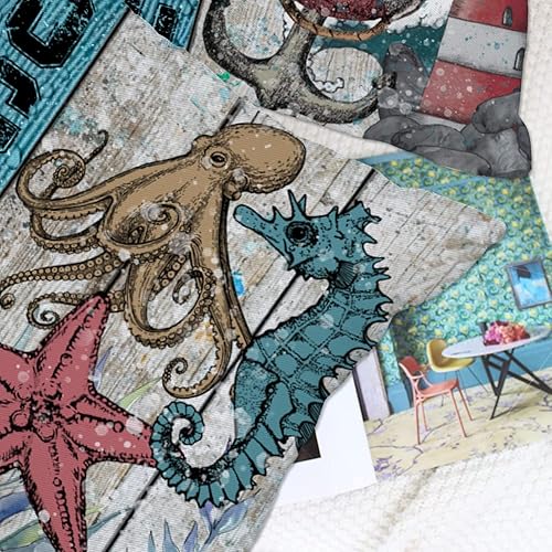 Miniatura 7 de Qinqingo Juego de 4 fundas de almohada impermeables para exteriores, 24 x 24 pulgadas, diseño de océano es mi lugar feliz, diseño de estrella de