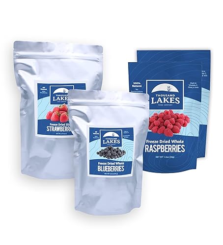 Thousand Lakes Paquete de bayas liofilizadas a granel 100% fresas en rodajas de 5 onzas, paquete de 2 frambuesas enteras (2.4 onzas en total),