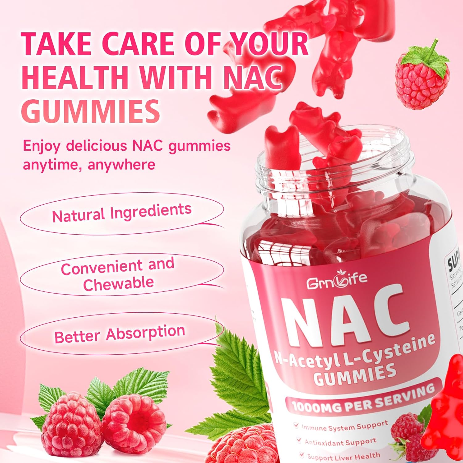 NAC Gummies for Kids & Adults, 1000mg N Acetyl Cysteine Supplement NAC Chewable for Antioxidants & Immune Support, Liver Health, Raspberry Flavor, 60 Count - Image 5