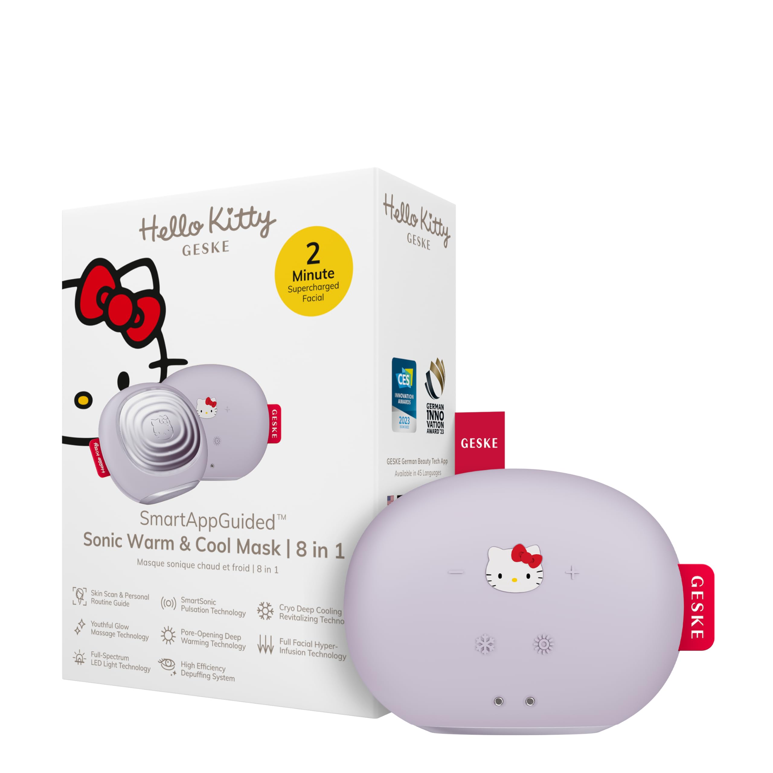 GESKE x Hello Kitty | SmartAppGuided™ Sonic Warm & Cool Mask | 8 en 1 | Máscara facial LED de belleza | Terapia luz roja | calor | Enfriamiento | Mayor absorción del cuidado facial | masajeador facial