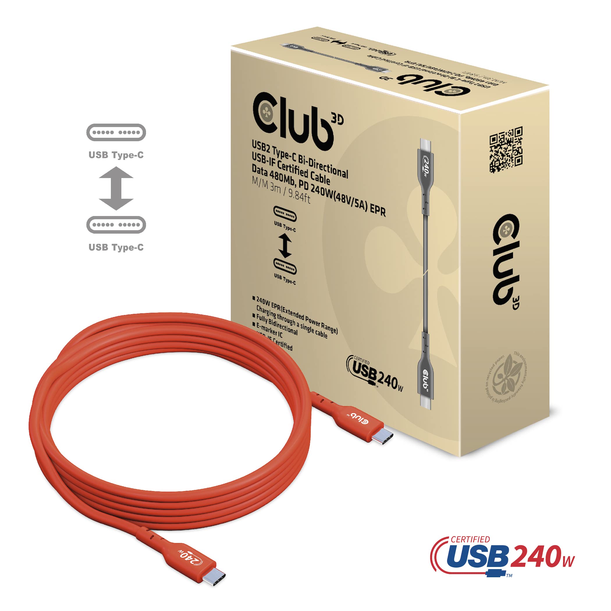 Club 3D CAC-1513 USB2 Type-C Bi-Directional USB-IF Certified Cable 480Mb, PD 240W (48V/5A) EPR M/M 3m