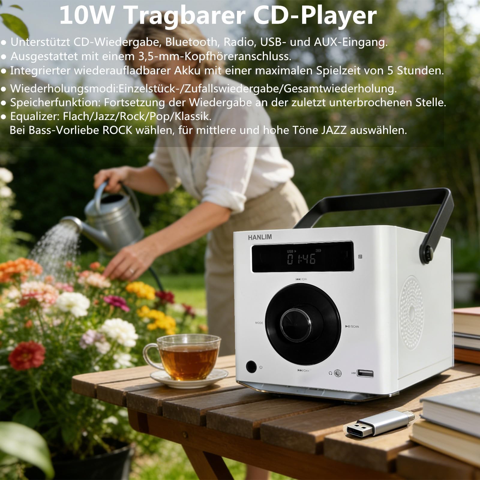 CD Player Tragbar mit Bluetooth, UKW Radio, 2000mAh wiederaufladbare Akku, MP3-Wiedergabe/USB/AUX-Eingang/Kopfhöreranschluss/Fernbedienung, 10W Lautsprecher, kompakter Tragbarer CD-Player, Weiß
