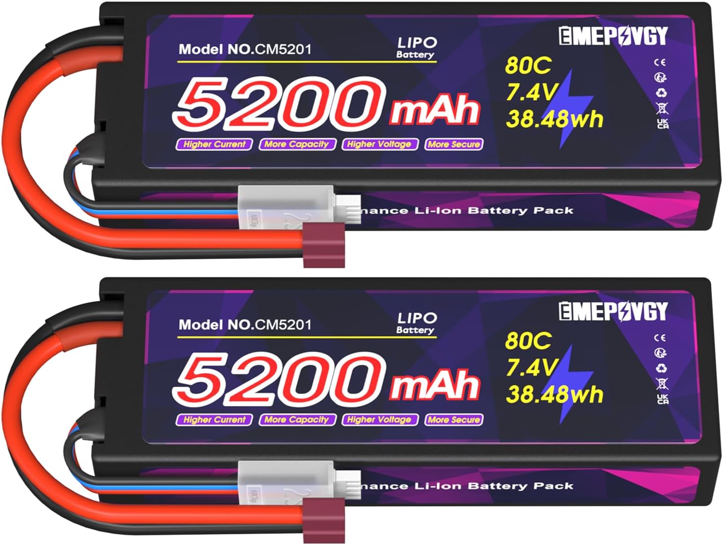2S Lipo Battery 7.4 V 80C 5200 mAh with Deans T Plug Hard Case RC Battery Pack for RC Car Boat Truck Heli Plane (2 Packs)