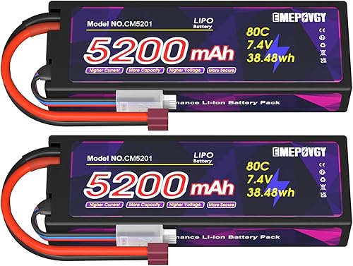 Batería Lipo de 7.4V 2S 5200mAh 80C Lipos Estuche rígido con conector T para coches RC camiones 18 110 vehículos RC (2 paquetes)