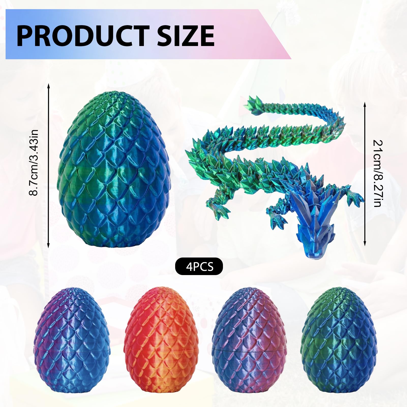 4PCS 3D Printed Dragon Eggs with Dragon Inside, Crystal Articulated Dragons in Mystery Egg, Large 14cm 3D Printed Dragons Toy for Kids, Easter Eggs Gift, Collectible 3D Animals - Image 3