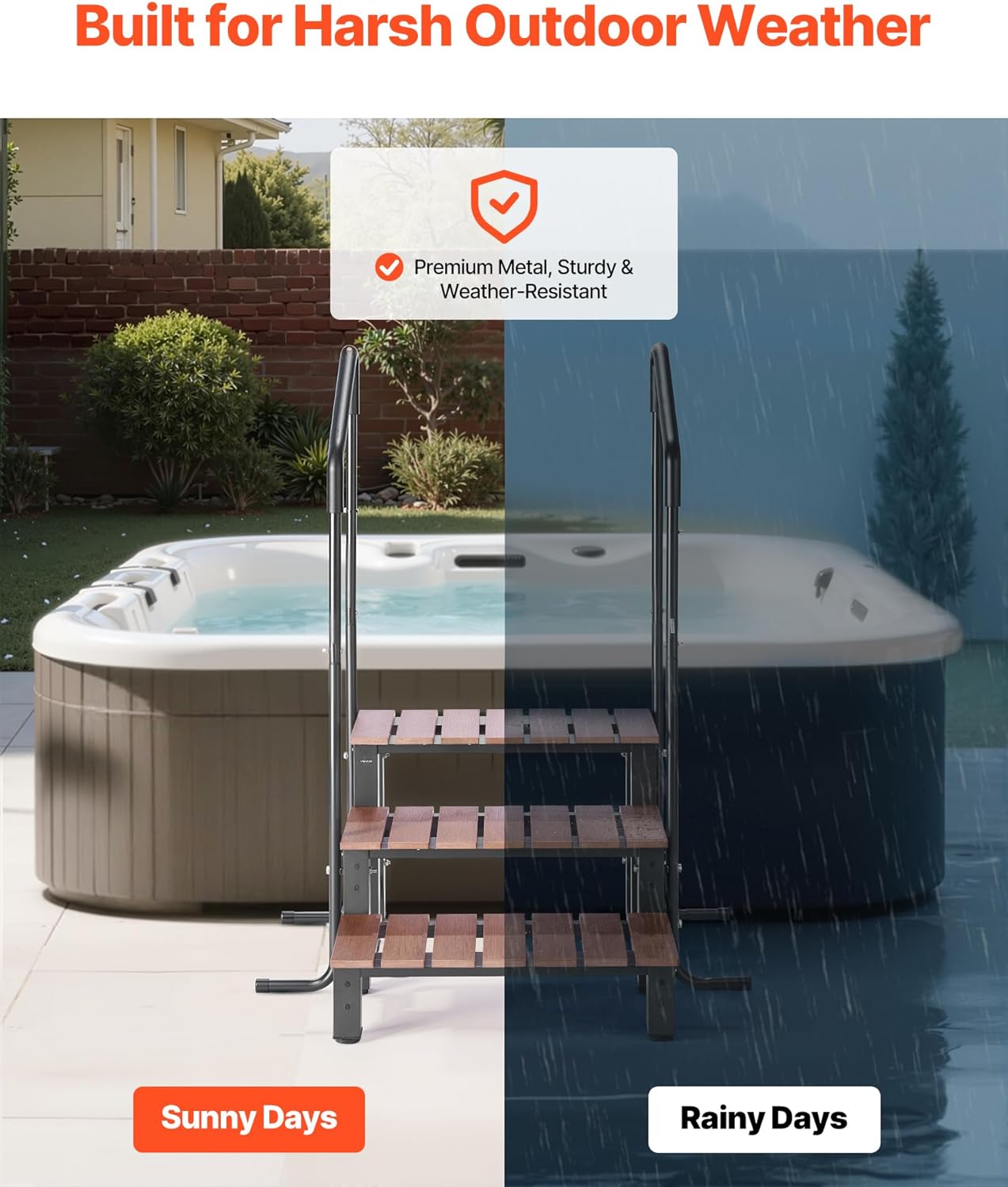 VEVOR Hot Tub Steps with Handrail, 3-Step Spa Outdoor Stairs, Heavy Duty 25.2 inch Wide Above-Ground/Inflatable Pool Step with 550 lbs Weight Capacity, Multi-Use for Porch, Patio, Deck, Trailers