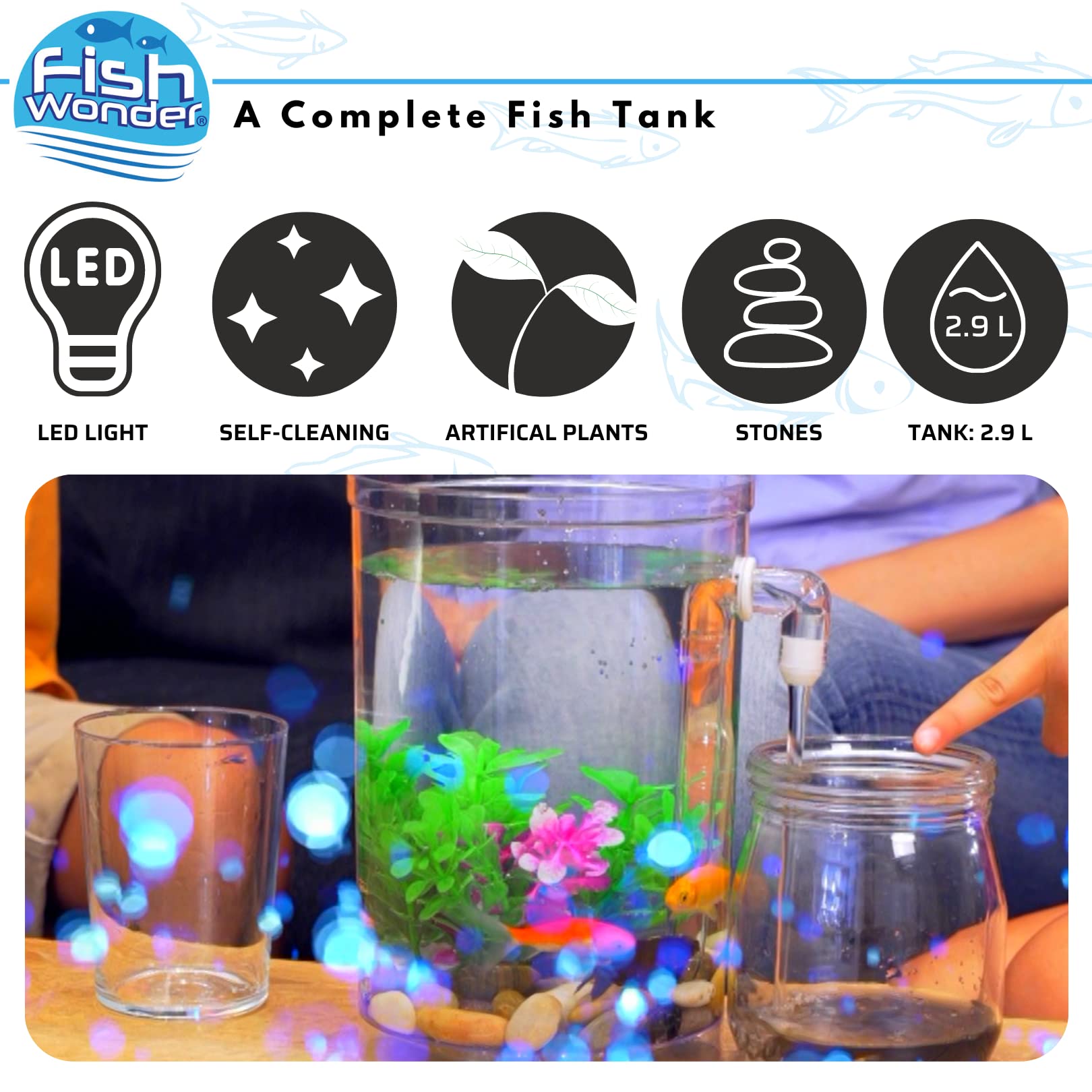 Fish Wonder Acuario Autolimpiador con Luz LED | Mini Acuario con Sistema de Limpieza Incorporado, Piedras y Plantas Decorativas | Agua Clara Siempre | Fácil Mantenimiento – Ideal para Niños y Hogar
