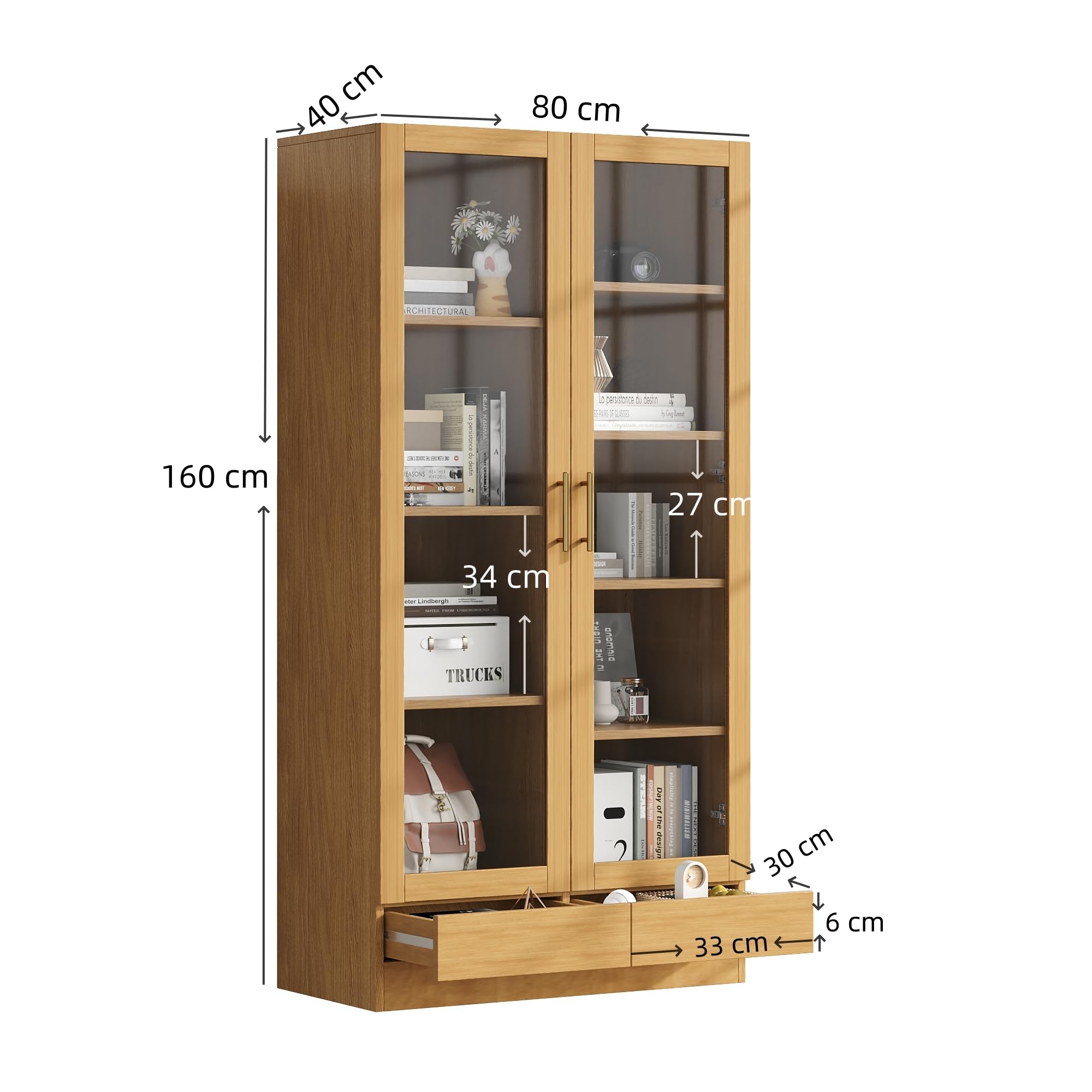 Moimhear Vitrina de cristal, estantería, estantería de almacenamiento, estantes escalonados, estantes no ajustables, cajones push to abiertos sin asas (80 x 40 x 160 cm, color madera)