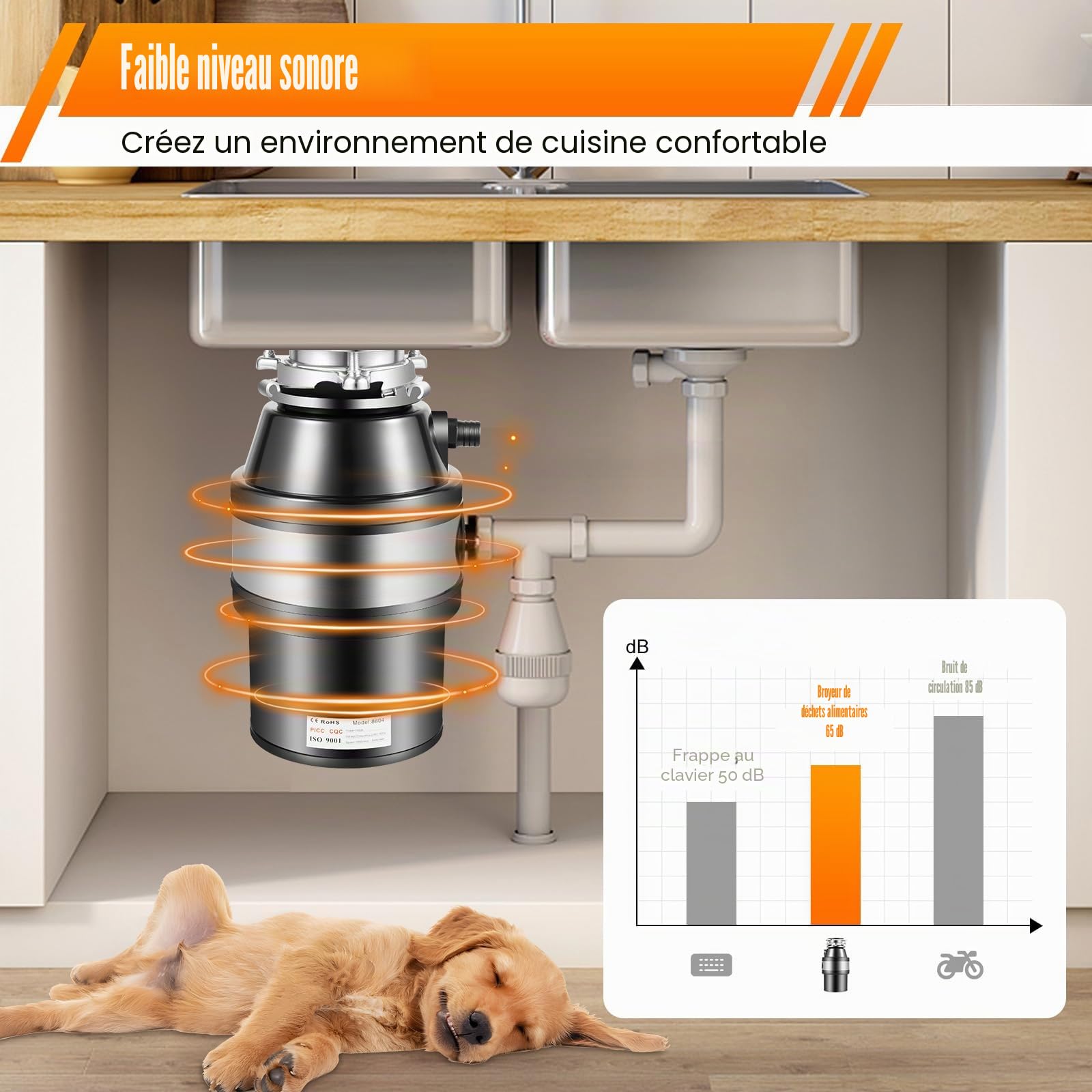 Broyeur d'Évier en Acier Inoxydable pour Déchets Alimentaires, Restes, Cuisine, Salle de Bain, Dissipateur de Résidus Alimentaires pour la Maison, Traitement Antibactérien et