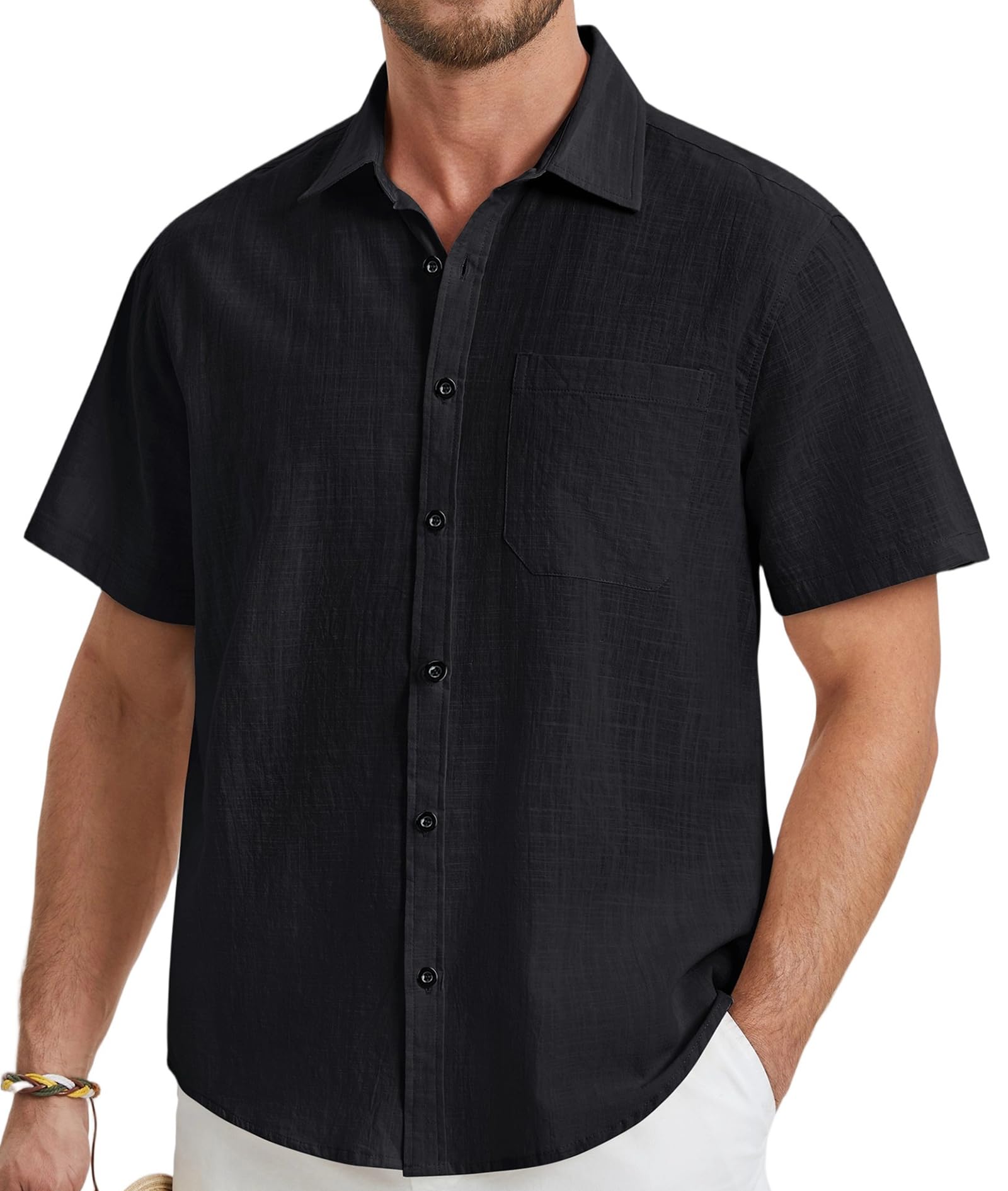 HISDERN Camisa Lino Hombre Manga Corta Casual Verano Color Sólido Camisas Elegante Algodón Camisa con Bolsillo con Botónes Shirt Regular Fit