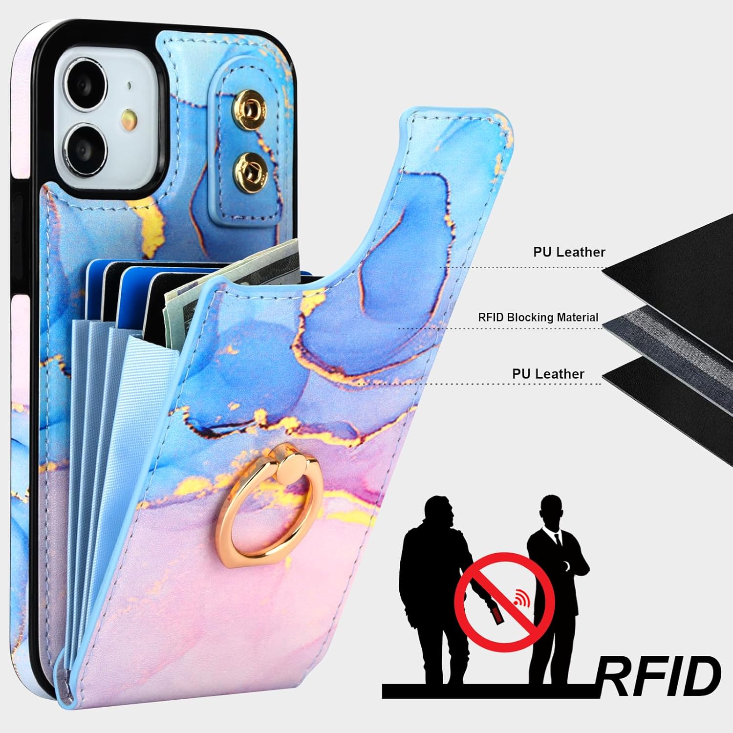 HAOPINSH for iPhone 12/ iPhone 12 Pro Wallet Case with Card Holder, 360°Rotation Ring Kickstand, Pink Blue Marble Pattern, RFID Blocking Leather for Girls Women, Double Buttons Protective Cover 6.1"