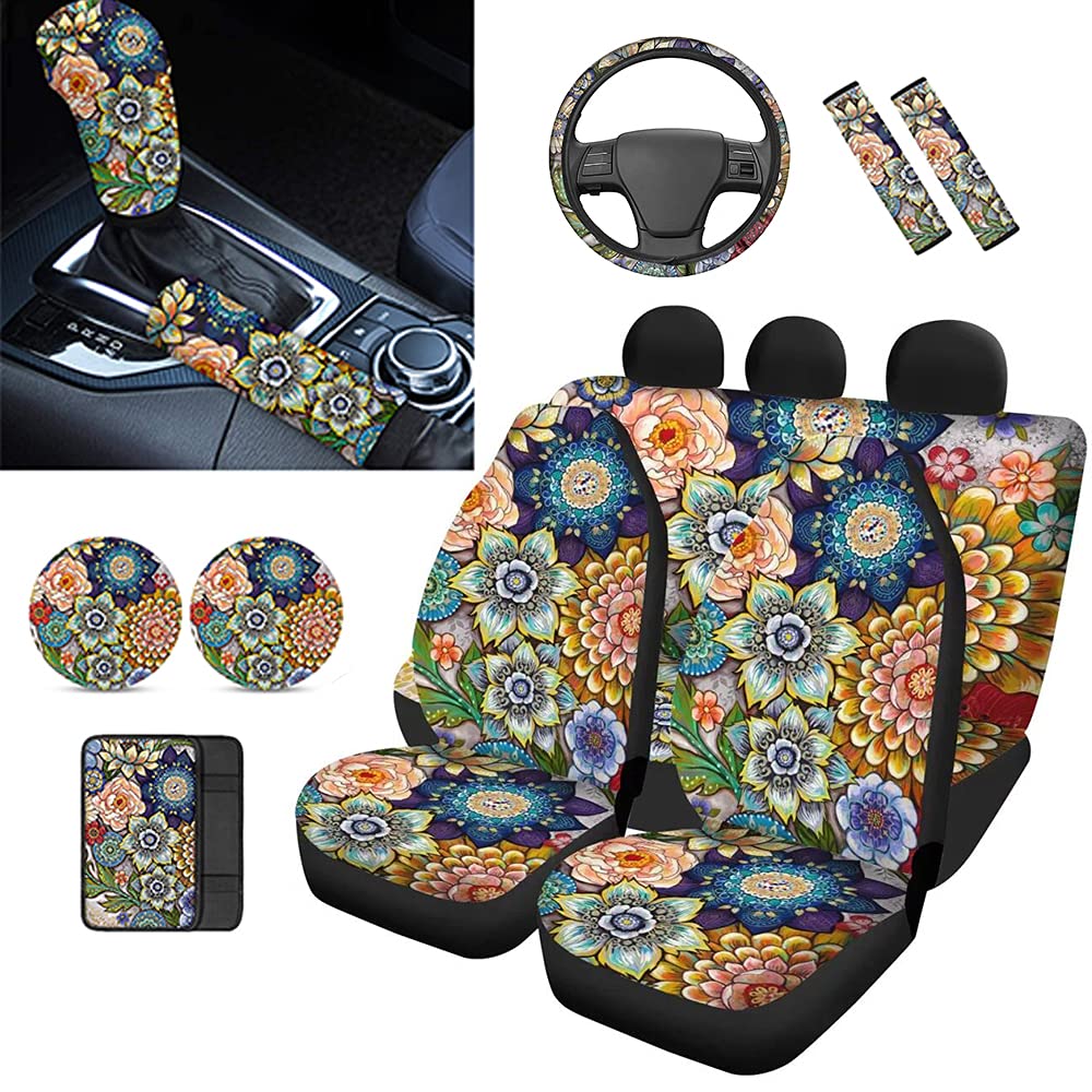 TOADDMOS Boho Vintage Floral Mandala Car Accessories Seat Cover+Shift Knob Handbrake Protector+Steering Wheel Cover+Seat Belt Pads+Armrest Box Cover+Coaster, Set of 12, Stretch Universal