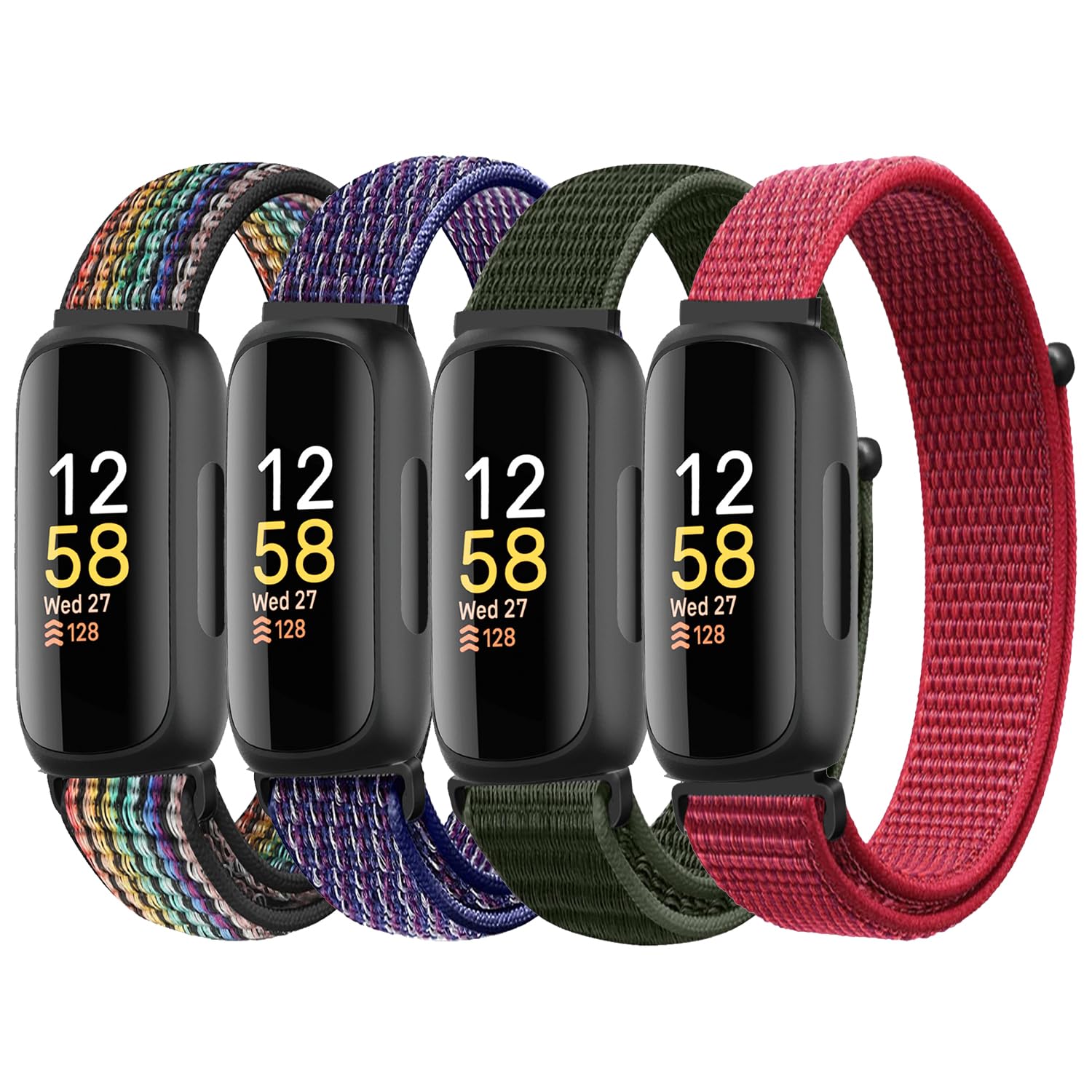 ShuYo Sport Loop Nylon Band Compatible with Fitbit Inspire 3/2/HR/Ace 3, Adjustable Rugged Velcro Wristband Strap (4 Pack, Black iridescent/midnight blue/military green/big red)