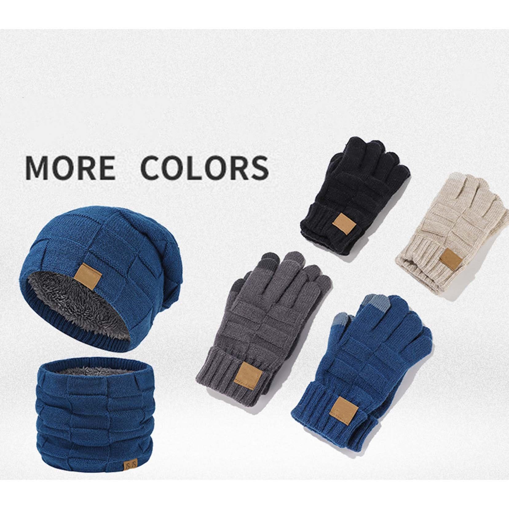 Herren- und Damen-Hut-Schal-und-Handschuh-Set, winterliche thermische Strick-Fleece gefütterte Mütze, Schneehalswärmer und Touchscreen-Handschuhe, wärmende Accessoires