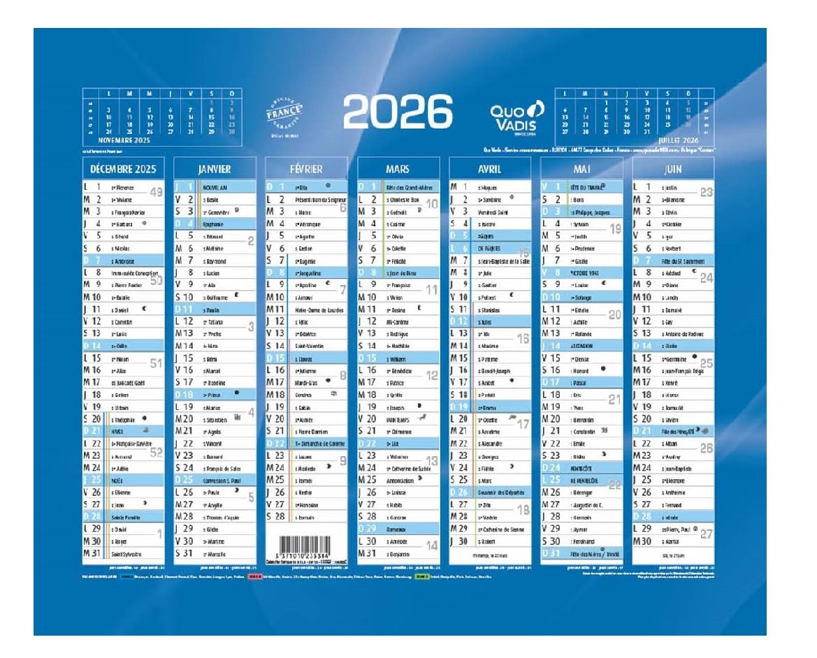 Quo Vadis - Calendrier de banque bleu - Année 2026 - Petit Format : 13,​5x18cm