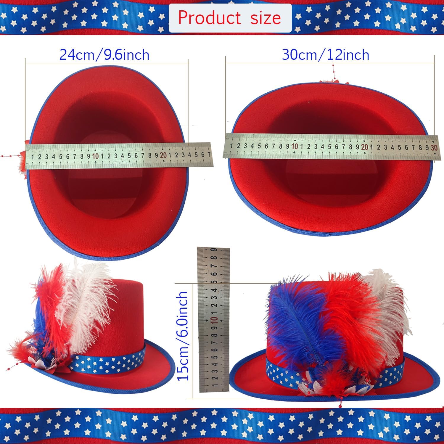 2pcs American Flag Top Hat Party Supplies - Patriotic 4th of July Hats with Feathers for Independence Day - Red White and Blue USA Party Accessories For Men and Women