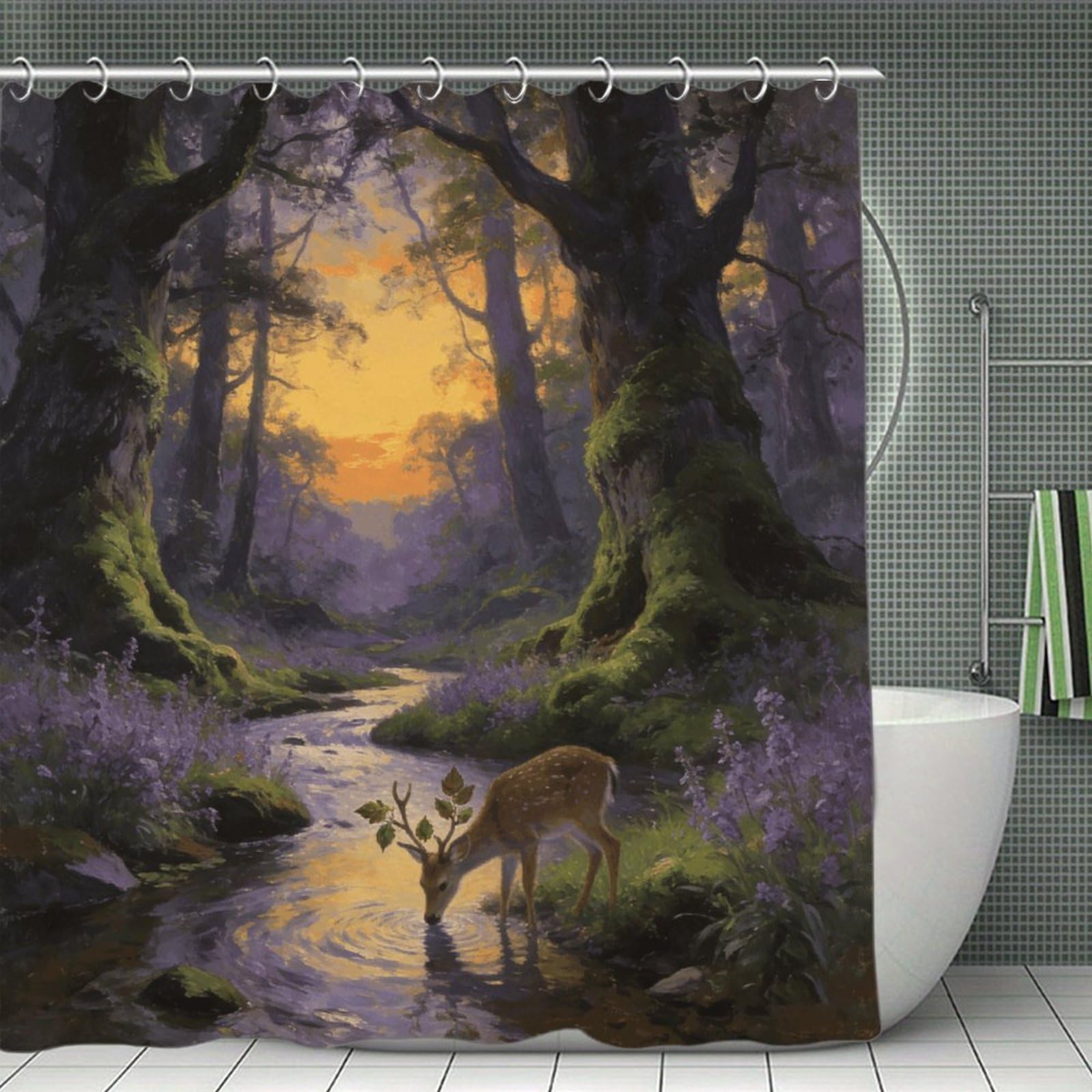 FekiLoot Woodland Shower Curtain with Hooks Modern Farmhouse Bathroom Curtain Waterproof Cloth Bath Curtains Cute Washable Blackout Privacy Curtains for Bathroom Bathtub 70.8"x70.8"