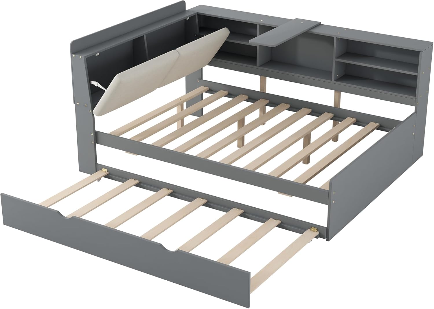 Full Size Platform Bed with Trundle, Upholstered Storage Headboard and Shelves, Wooden Daybed Sofa Frame with Rotatable Storage Board, No Box Spring Needed (Gray-06+Trundle, Full)