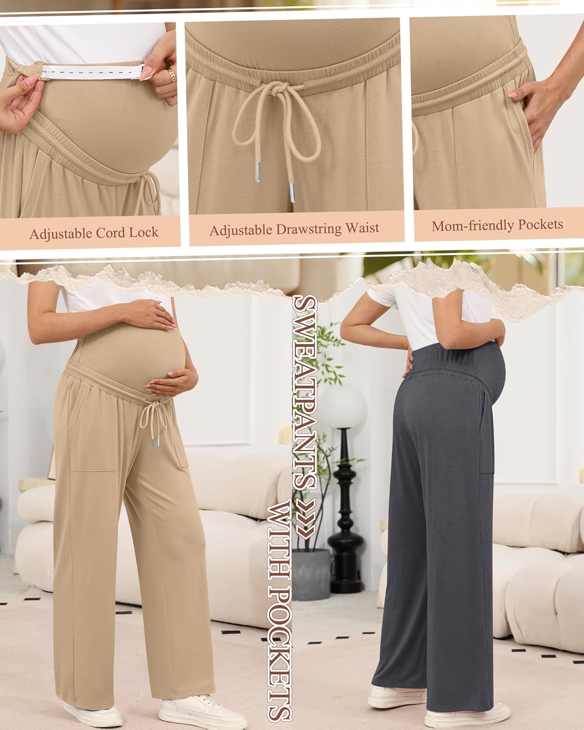3 Pack Women's Maternity Pants Wide Leg Lounge Over The Belly Loose Drawstring Casual Pregnancy Pants with Pockets - Image 4