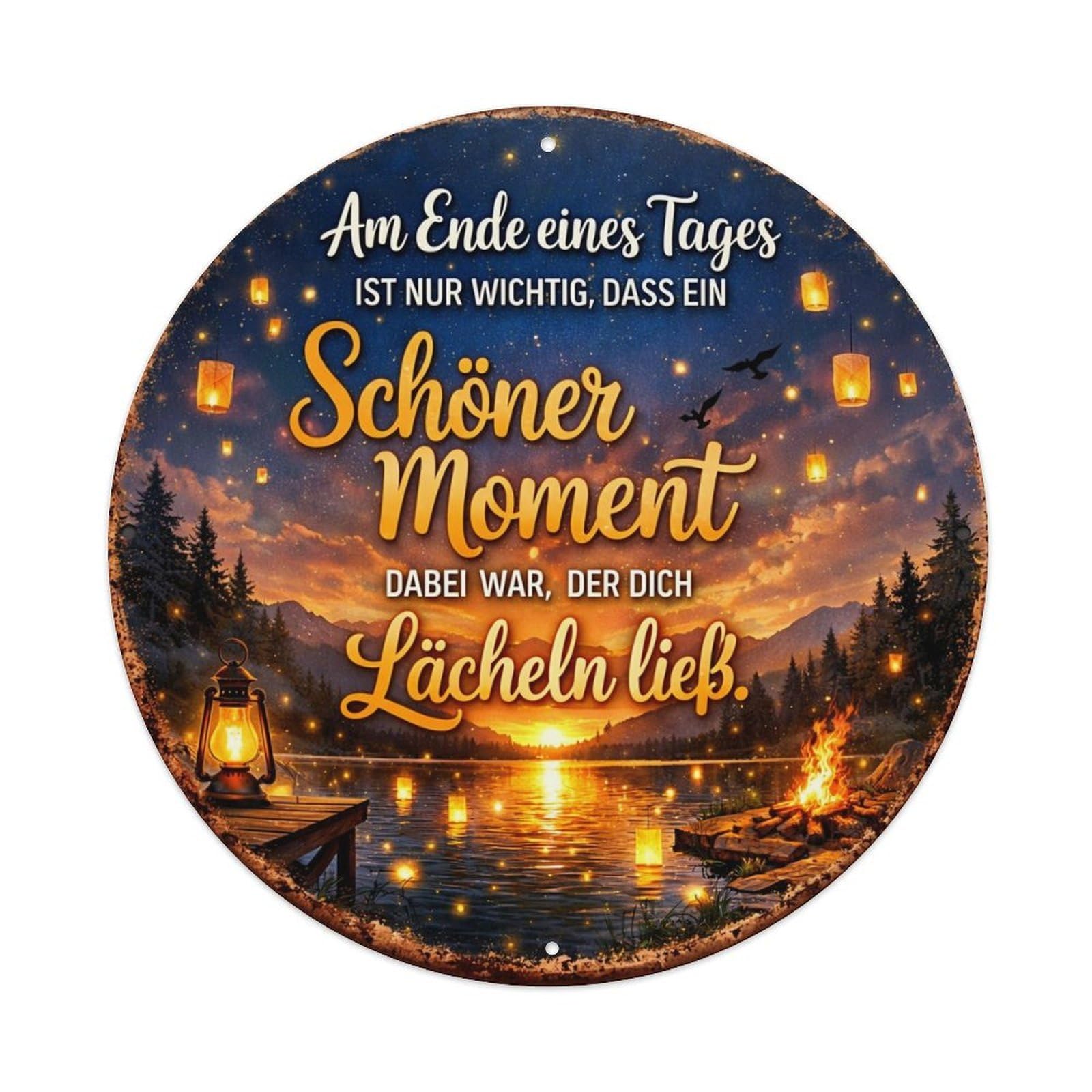 Sunset Lake Lanterns Fireflies Trees Round Metal Tin Sign Vintage Wall Decor, Bar Garage Cafe Kitchen Home Wall Art Poster 8x8inches