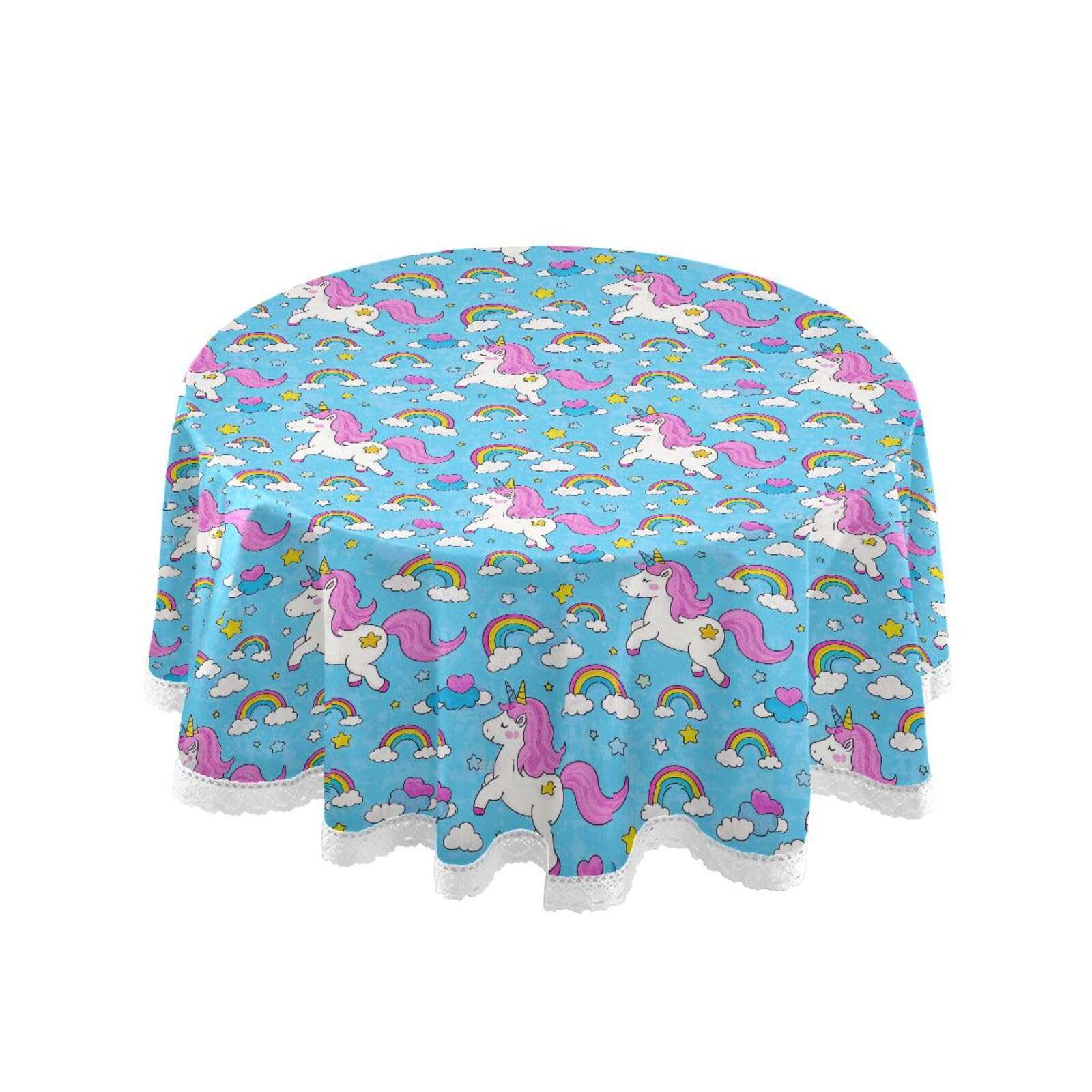 Nappe ronde en polyester licorne bleu arc-en-ciel 152 cm avec dentelle