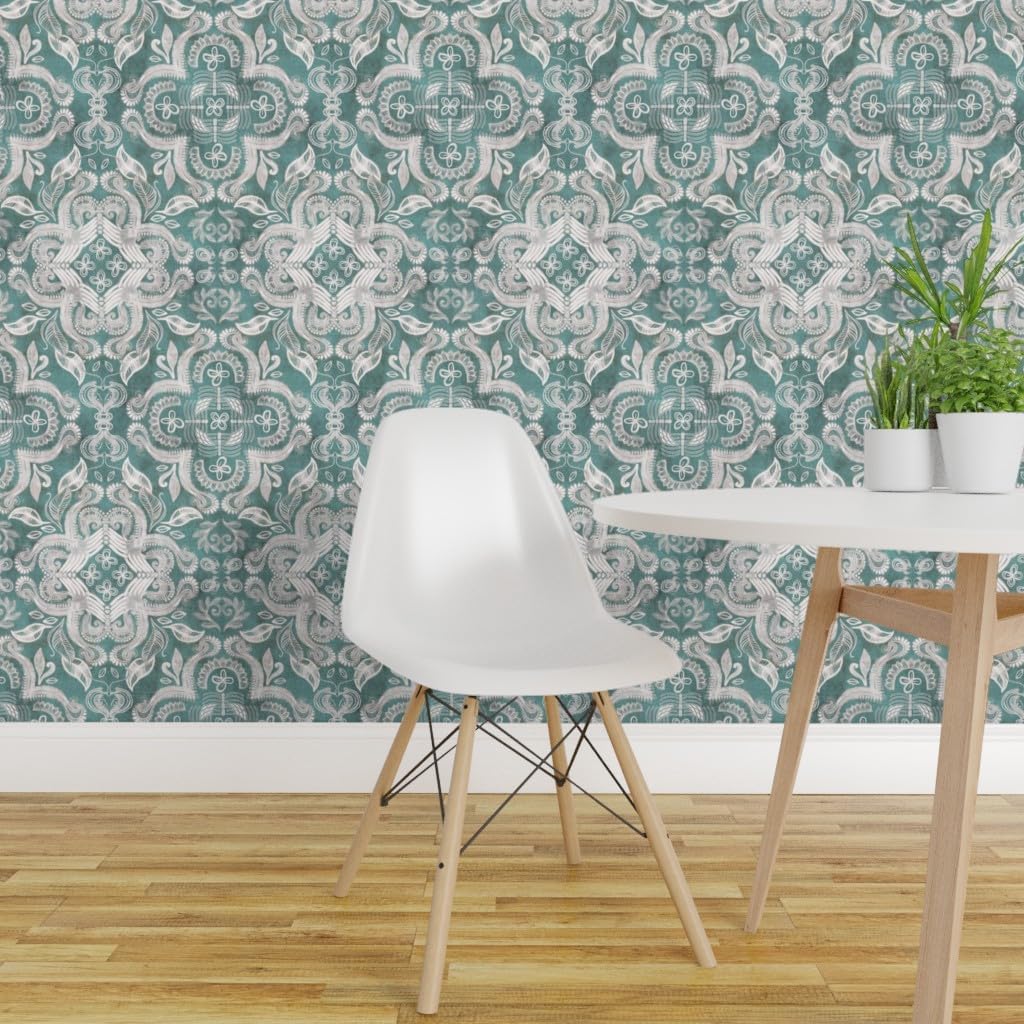 Removable Wallpaper 6ft x 2ft - Teal Gray Boho Print Large Bohemian Nature Dark Quatrefoil Floral Custom Pre-Pasted Wallpaper by Spoonflower