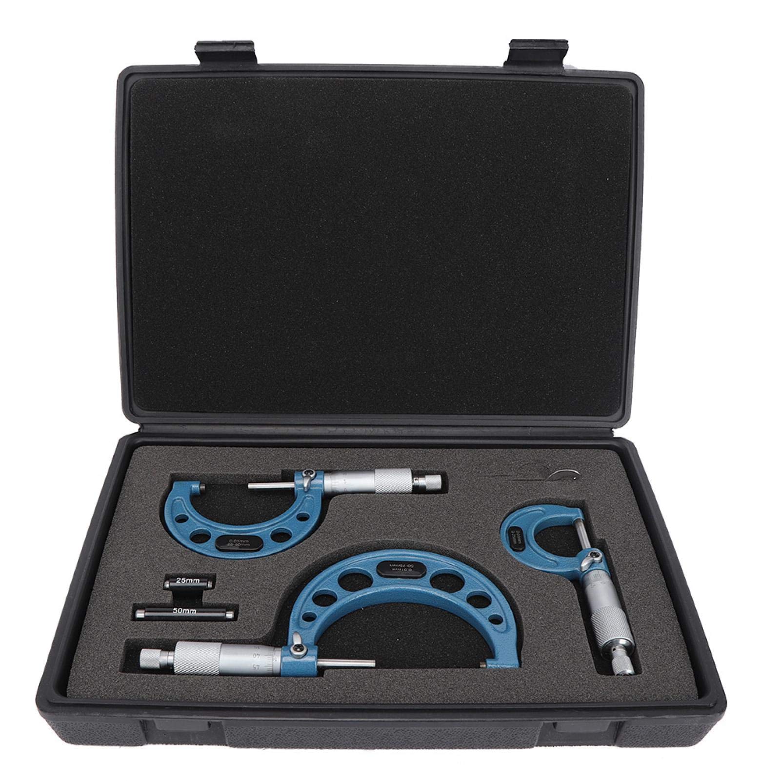 3pcs micromètre, métrique 0-25mm, 25-50mm, 50-75mm roulement en acier outil de mesure du diamètre extérieur de haute précision avec étui, avec tige de mesure de 25mm, 50mm et clé