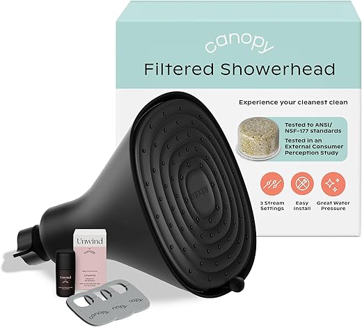 Canopy Filtered Shower Head - High Pressure Shower Head Filter for Hard Water - Shower Filter To Remove Impurities for Healthier Scalp, Skin & Hair - Reduce Dry Skin & Breakage - Black Shower Head
