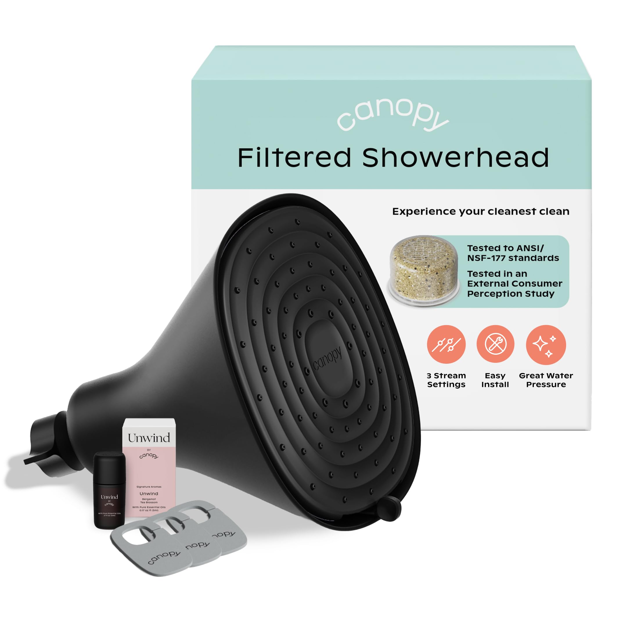 Canopy Filtered Shower Head - High Pressure Shower Head Filter for Hard Water - Shower Filter To Remove Impurities for Healthier Scalp, Skin & Hair - Reduce Dry Skin & Breakage - Black Shower Head