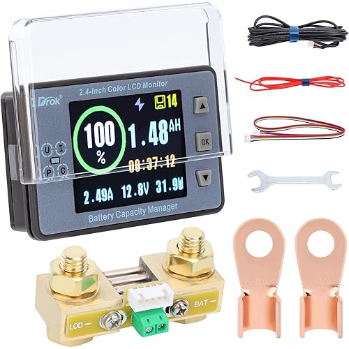 DROK Battery Coulometer, DC 8-100V 500A Split Type Multi Tester 12V 24V 36V 48V 60V Coulometer Watt Meter, Capacity Percentage Time Power Voltmeter Ampmeter for RV Solar Panel Golf Cart Car Audio