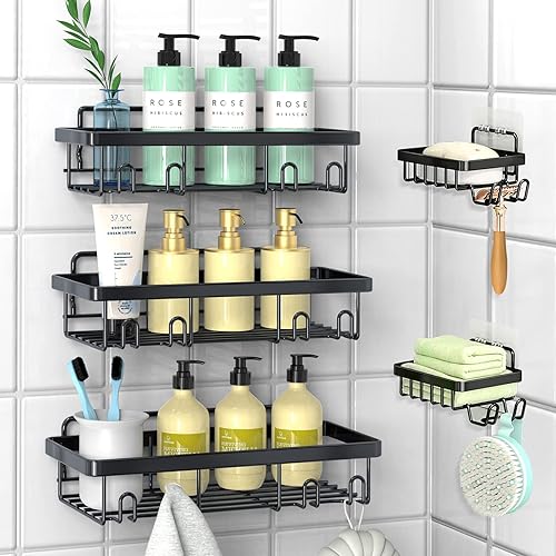 Cusbus Shower Caddy, 3 Pack Shower Organizer, Adhesive No Drilling Traceless Shower Shelves, Rustproof SUS304 Stainless Steel Bathroom Shower Shelf for Inside Shower & Kitchen Storage (Metal Black)