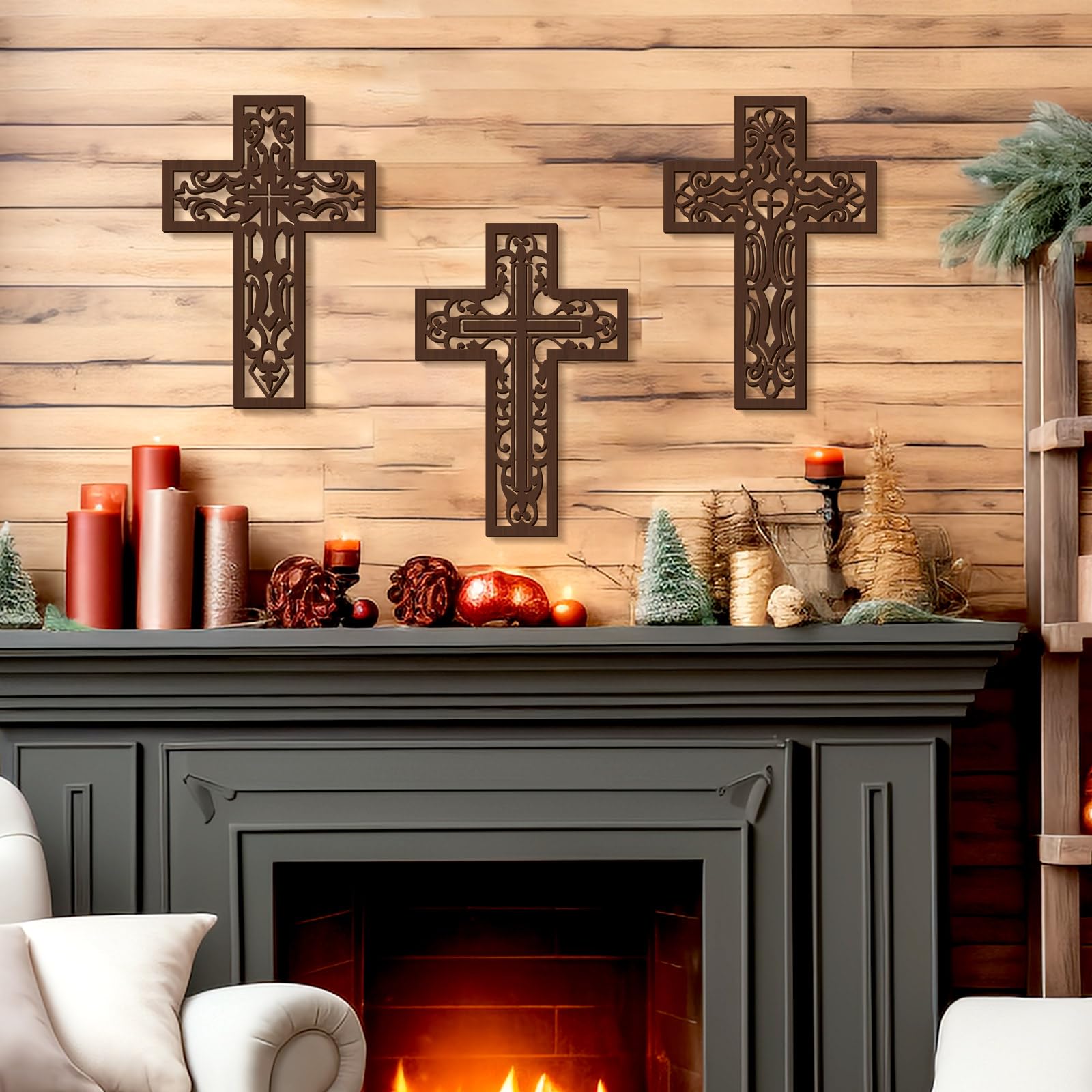 8 Layer Religious Cross Wall Art | Wooden Cutout Christian Decor Elegant Brown Framed Cross Wall Art display picture 1