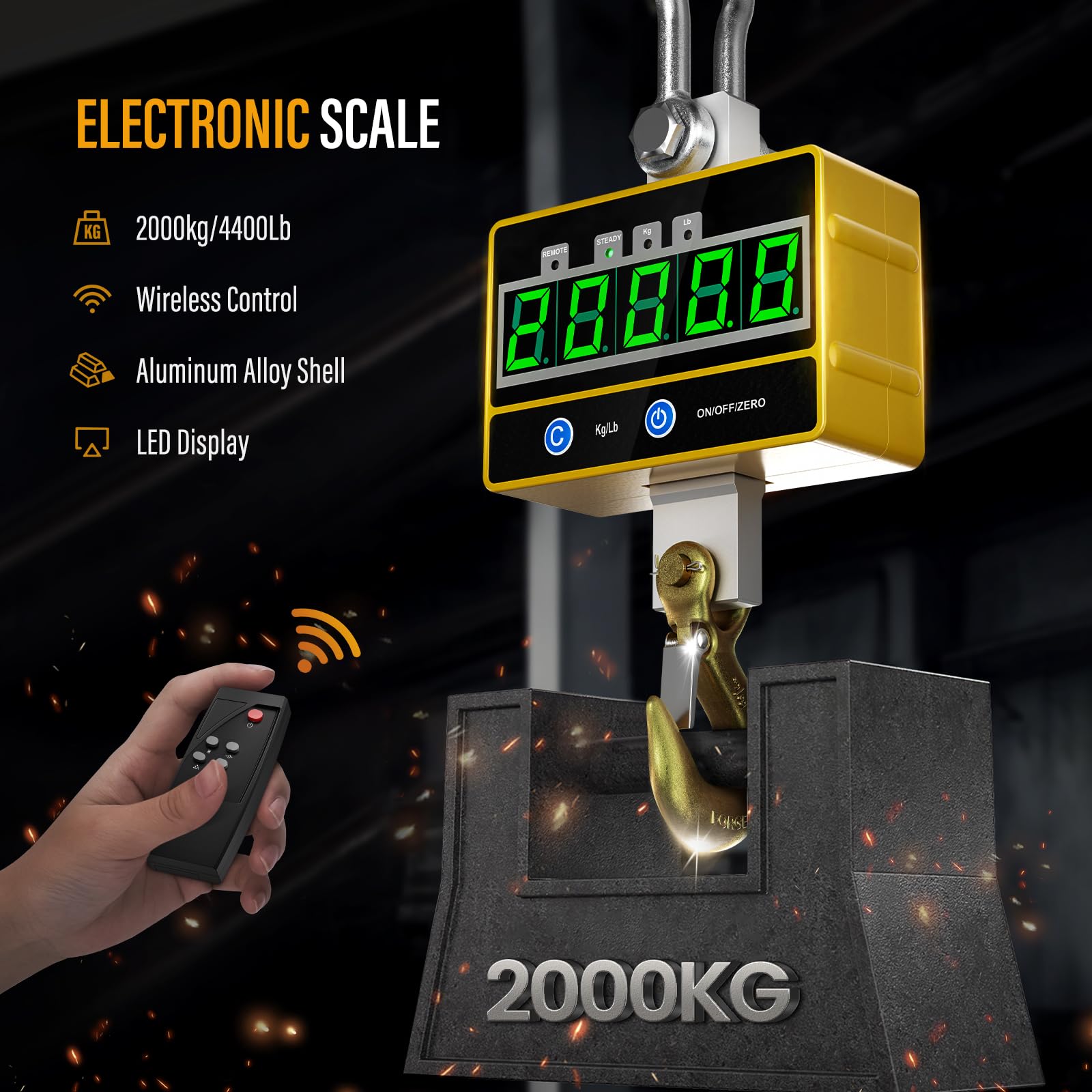 Báscula de Grúa 2T, Crane Scale Pantalla LED Báscula Colgante Industrial de Alta Precisión con Control Remoto para Maquinaria Industrial de Precisión Ganadera