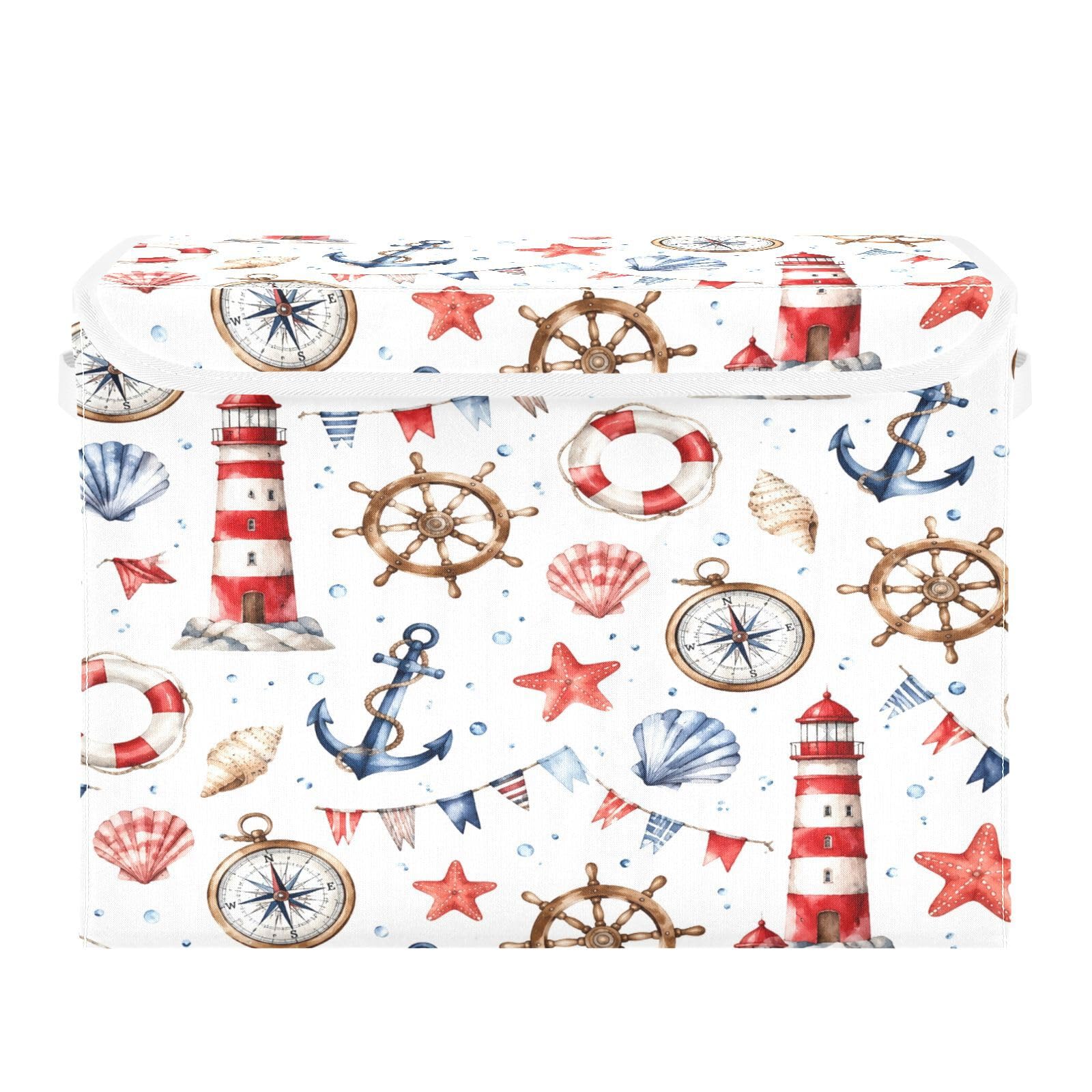 Ewusp Lighthouse Dream Fabric Storage Bin with Lid, Decorative Foldable Storage Basket with Handles, Stackable Closet Shelf Organiser Box for Clothes, Books, Bedroom, Living Room
