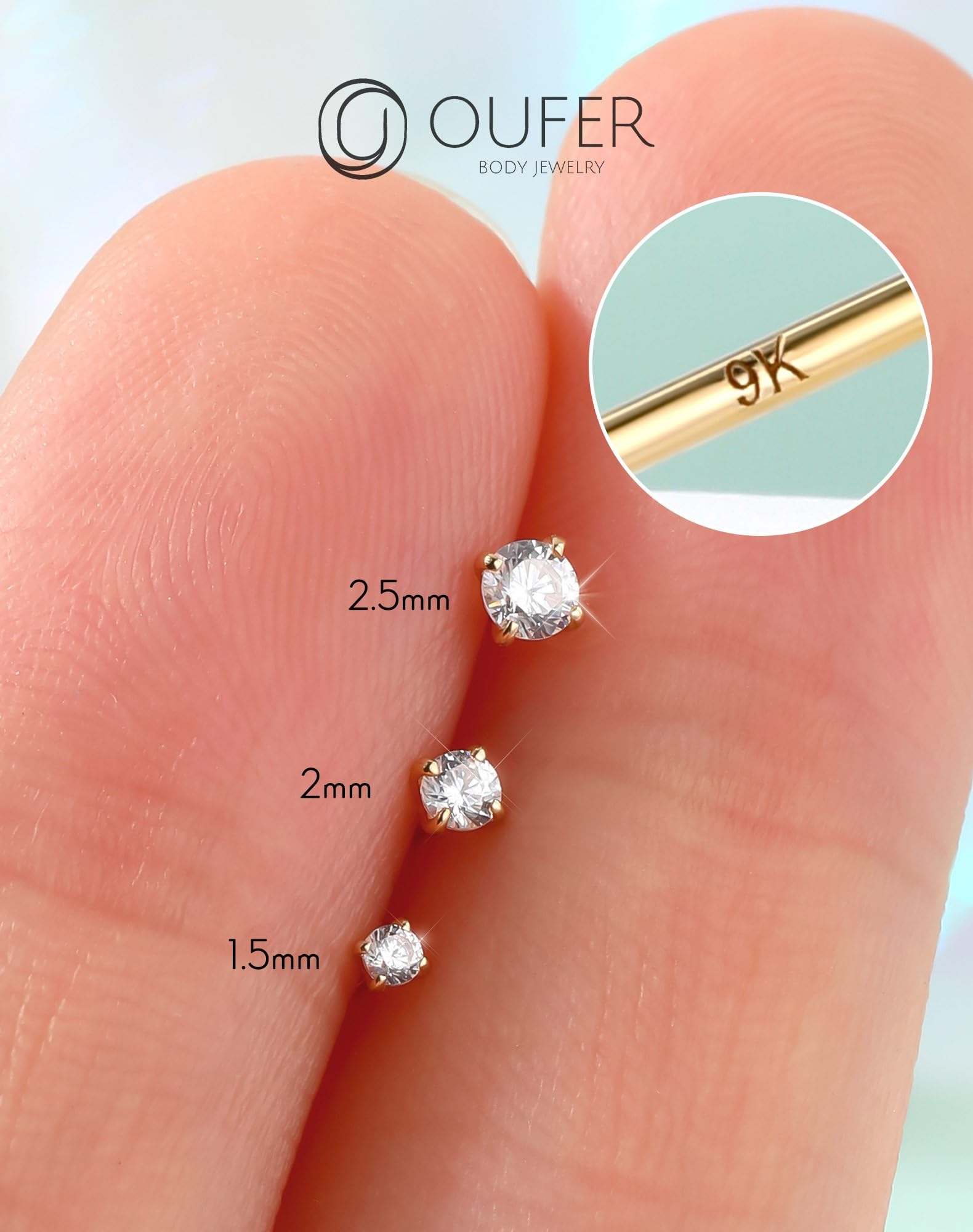 OUFER Body Piercing Nose Piercing Stud 9K Solid Yellow Gold Claw Set Round Crystal Stone 22 Gauge L Bend Nose Stud Piercing Jewellery