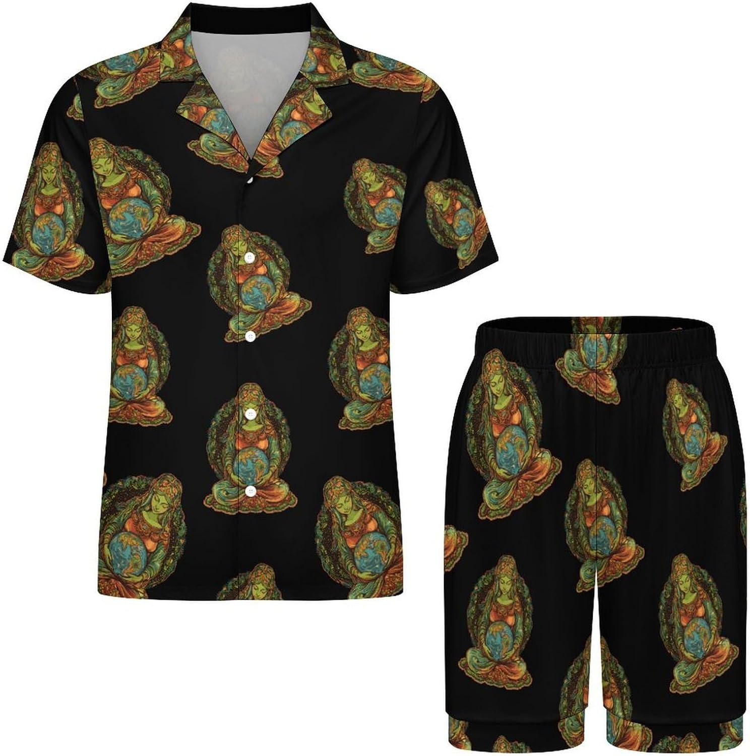 Gaia Greek Goddess of Mother Earth Men's Short Sleeve Pajama Set Satin Silk Like Lounge Sleepwear