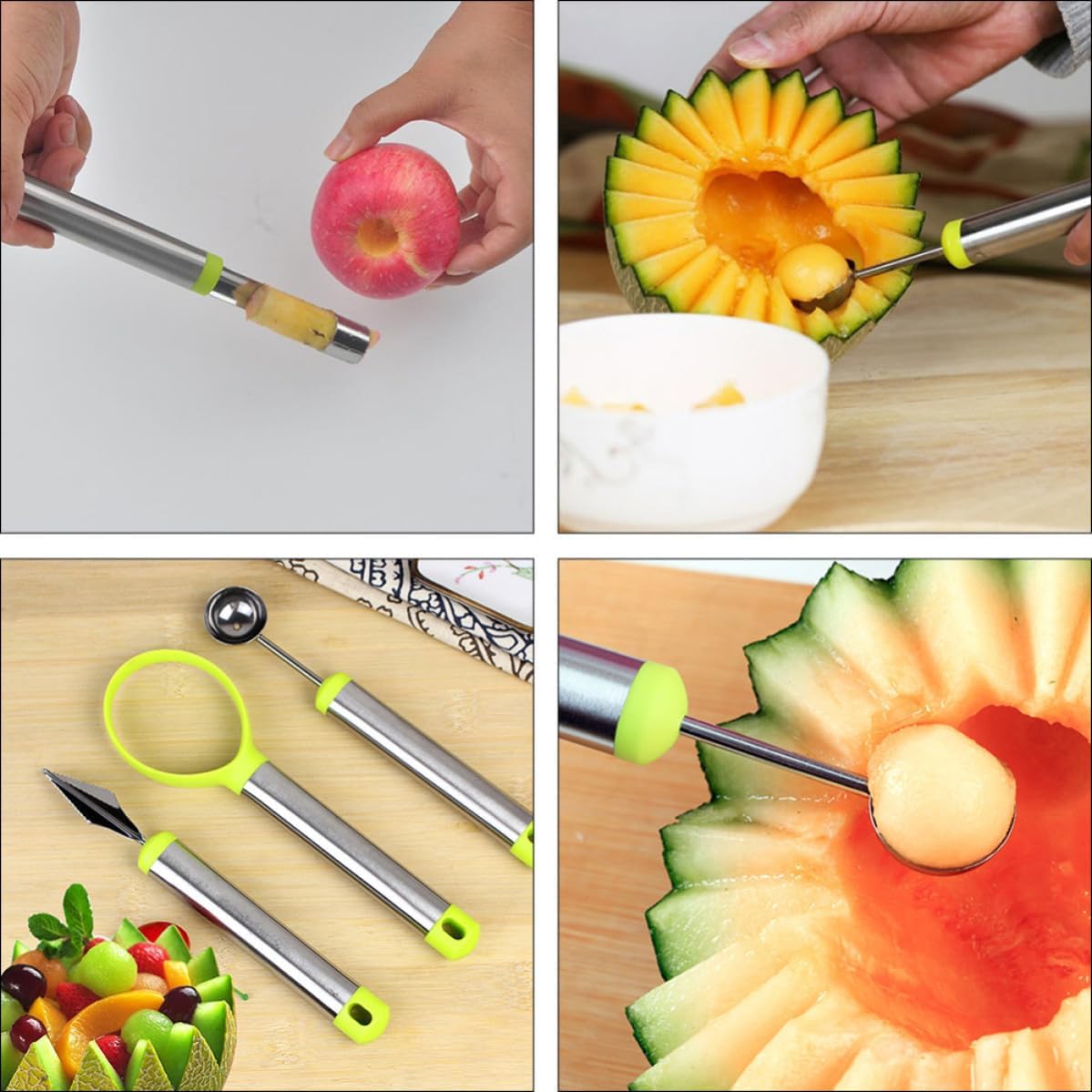 Melon Baller Scoop 4pc Stainless Steel Fruit Carving Kit Xmas