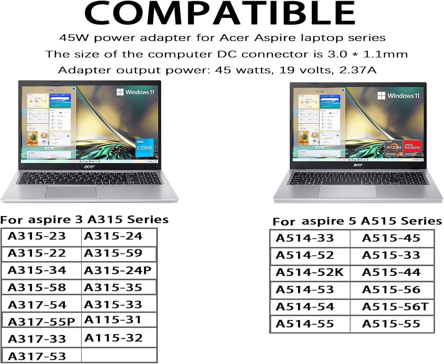 45W Charger for Acer Aspire 5 15 A515-55 A515-54 A515-56 A515-56T A515-57 A514-52G A514-54 A515-46 A515-44 A515-45 Laptop Power Supply Adapter - Image 2