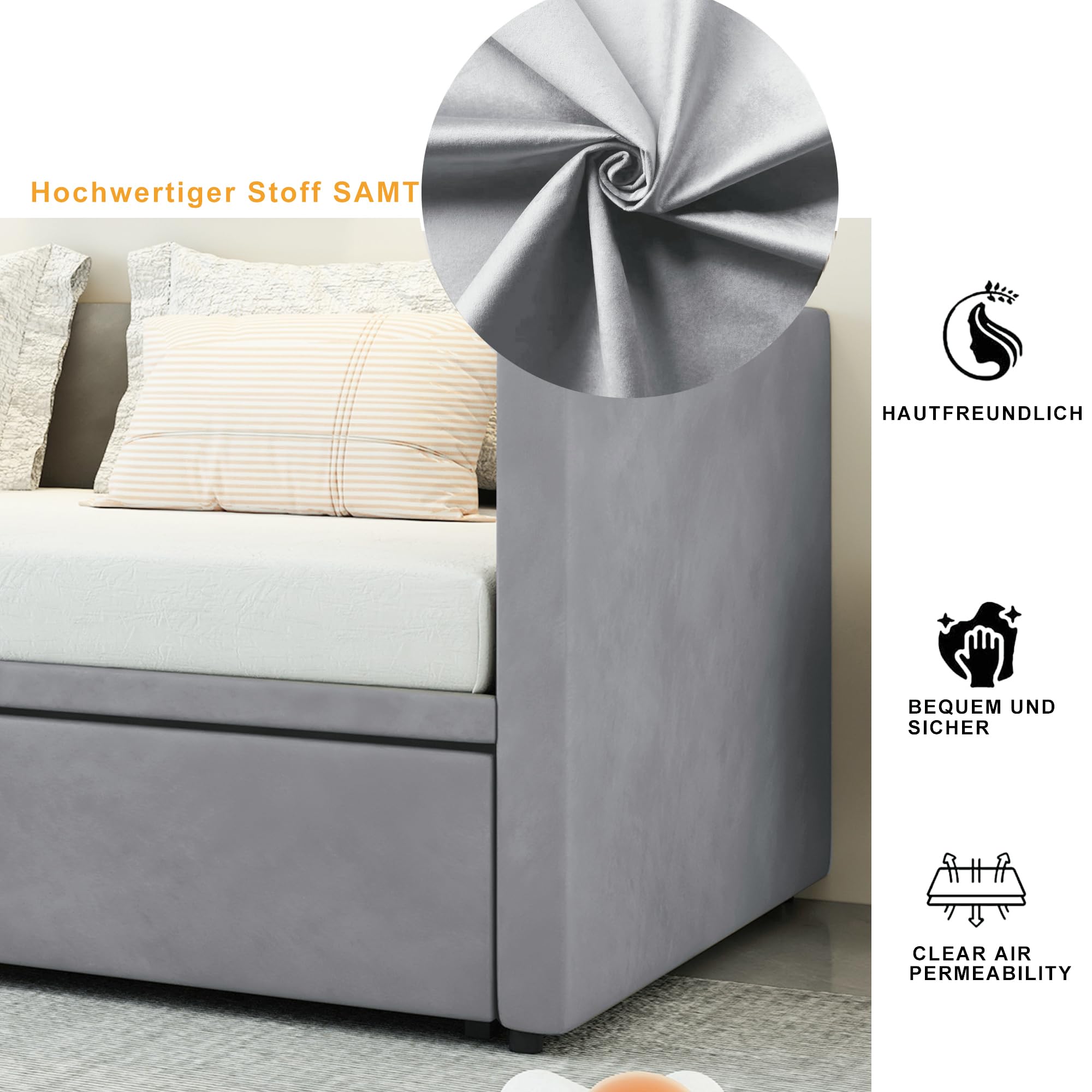 Divano Letto Estraibile 90/180 x 200 cm, Letto Imbottito con Rete a Doghe, Tessuto in Velluto Delicato Sulla Pelle, Grigio