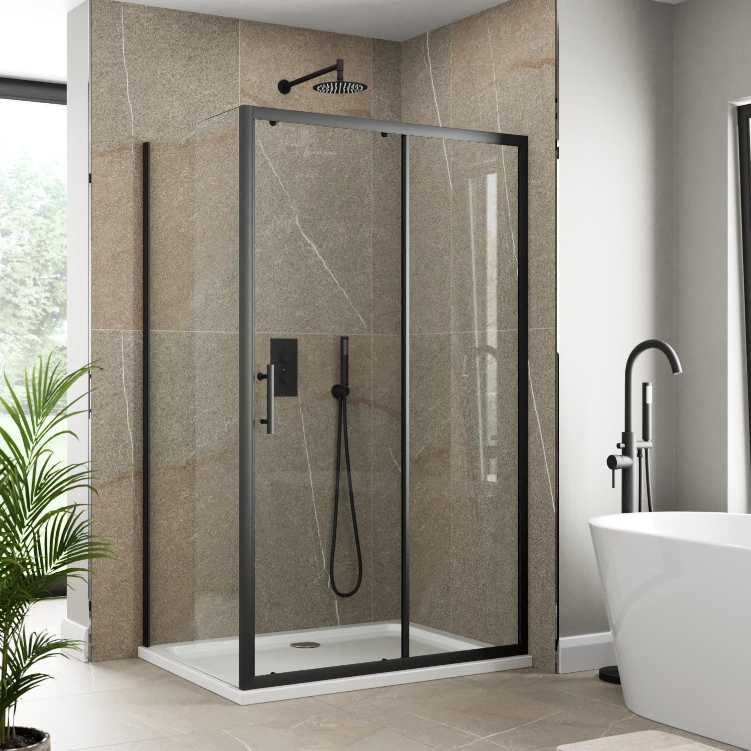 Luxura Black Luxura® 1200 X 900Mm Sliding Shower Enclosure Door Screen For Wet Room Cubicle Enclosures, 6Mm Toughened Safety Glass, Framed, Reversible, Matt