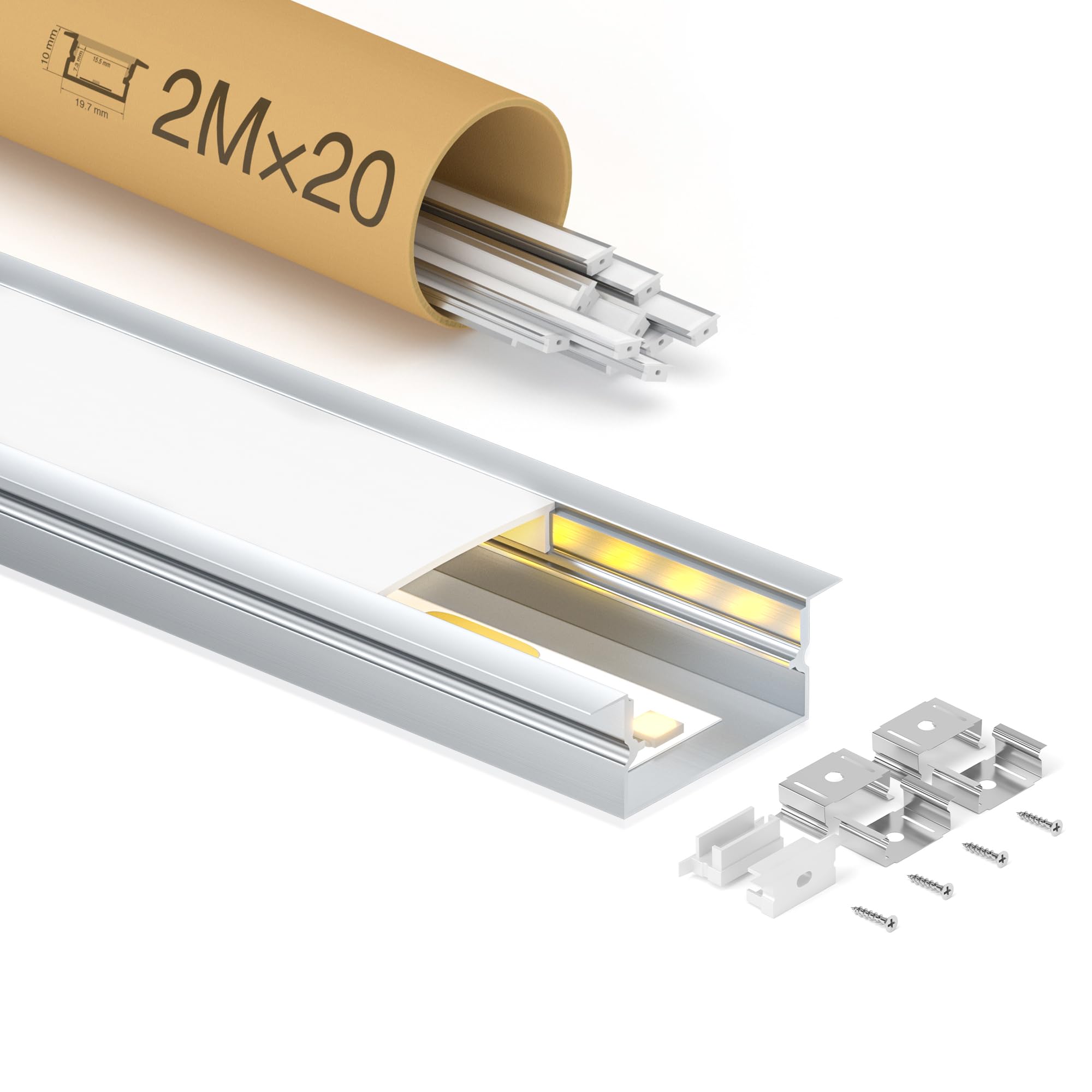 20 x Profilé LED Encastrable 2 m (40 m), Profilés en Aluminium en U pour Ruban led jusqu'à 15 mm, 26,7 x 10 mm, Rail Led avec Diffuseur LED en PC, Idéal pour Plafond et Installation Encastrée