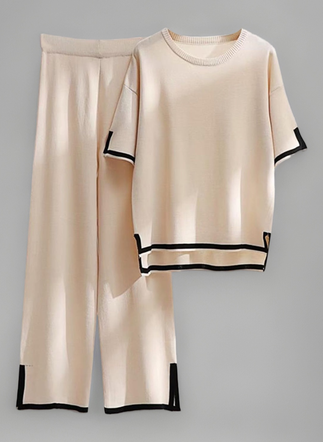 2 Piece Women's Lounge Sets - Silk Feel Oversized Casual Short Sleeve Knit Pullover Tops & Wide Leg Pants - White